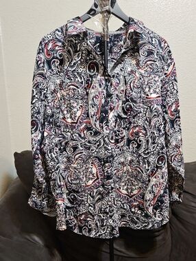 Chaps Women's Black Paisley Button-Down Shirt with Red and White Accents